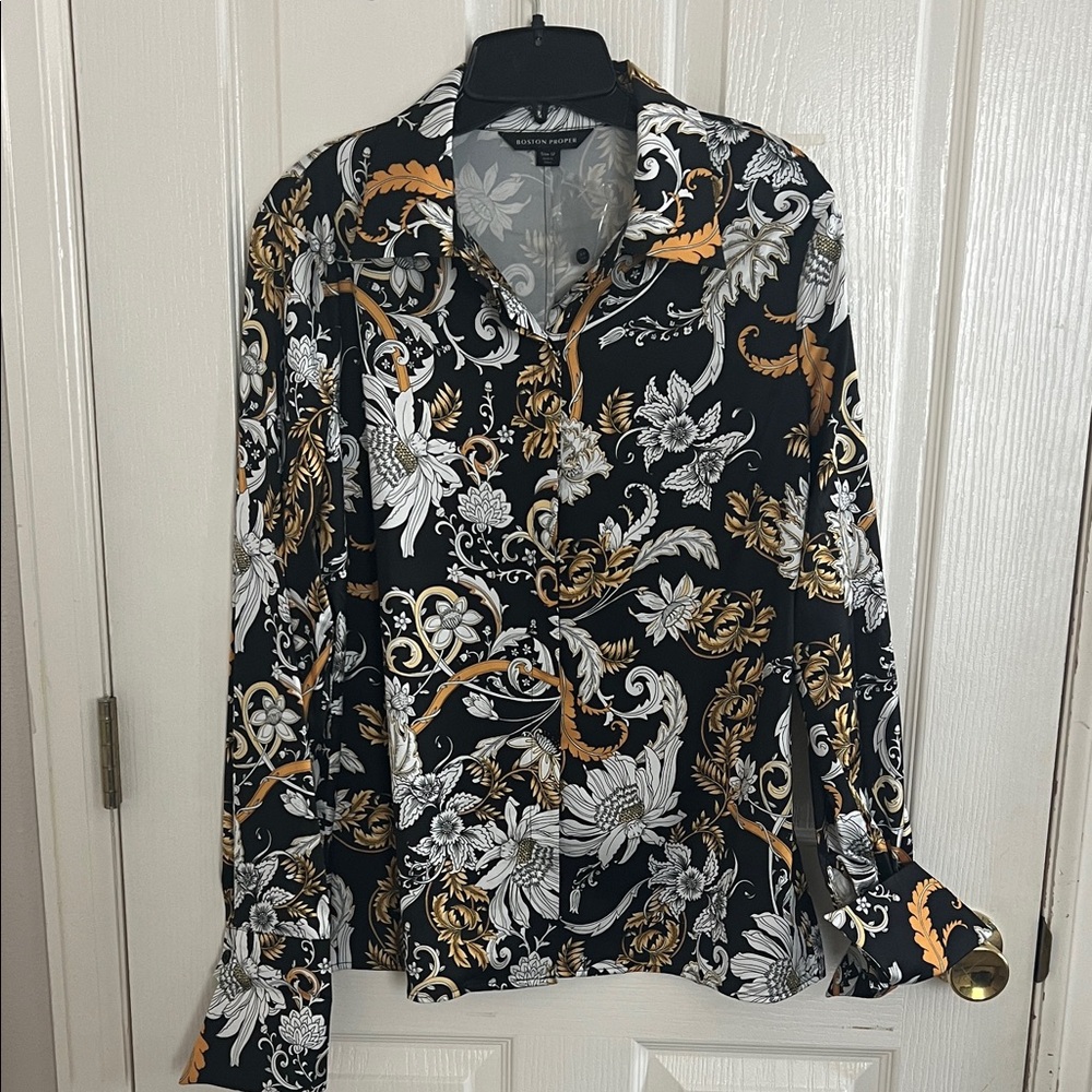Boston Proper Black Floral Scroll Button-Front Blouse with Gold & White Accents